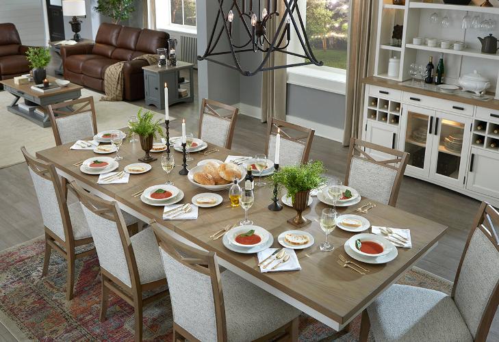 AMERICANA MODERN DINING 88-112" 2 PIECE TRESTLE TABLE WITH 24" BUTTERFLY LEAF & 8 UPHOLSTERED CHAIRS