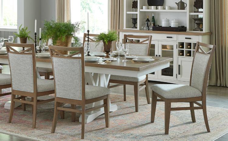 AMERICANA MODERN DINING 88-112" 2 PIECE TRESTLE TABLE WITH 24" BUTTERFLY LEAF & 8 UPHOLSTERED CHAIRS