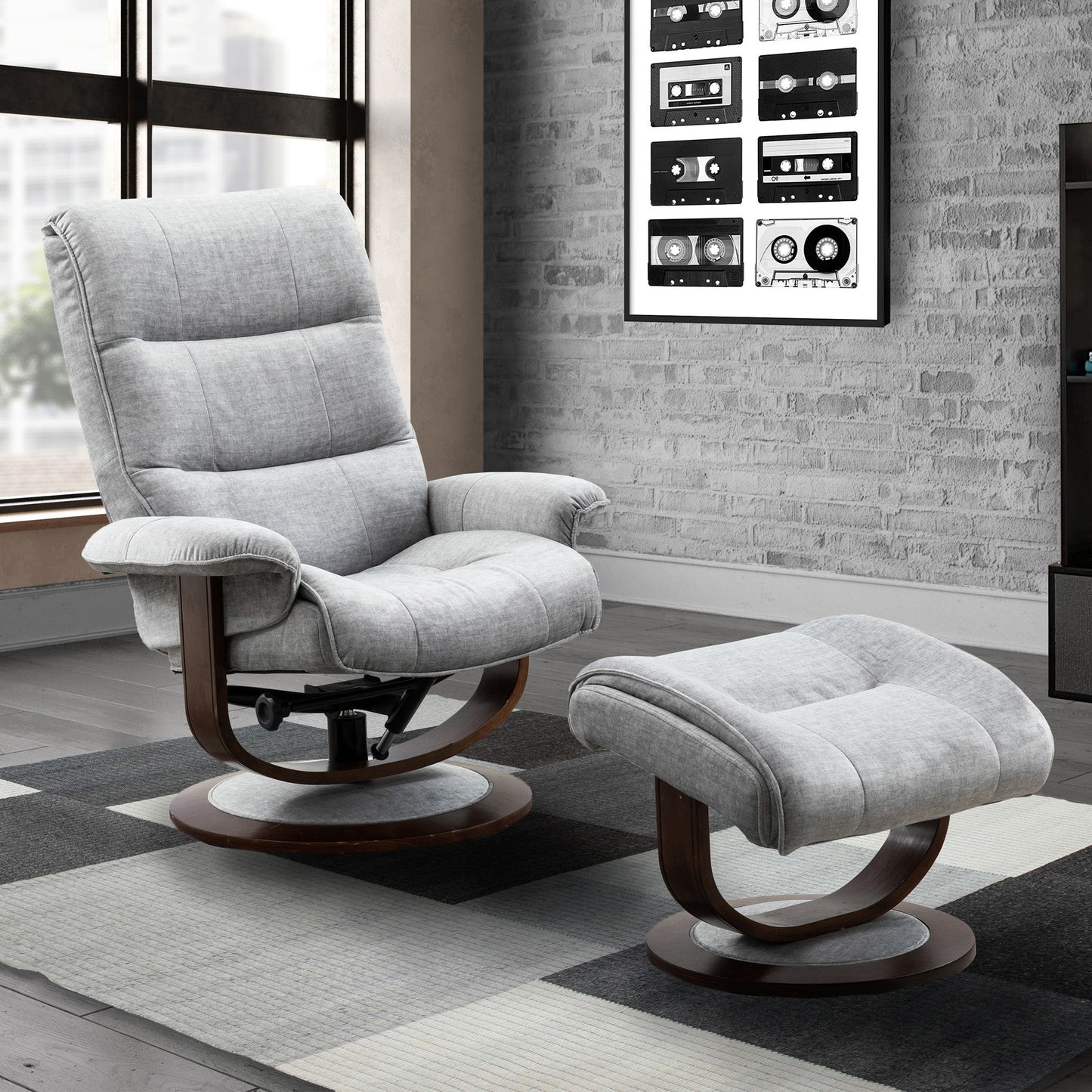 KNIGHT - CAPRI SILVER MANUAL RECLINING SWIVEL CHAIR AND OTTOMAN