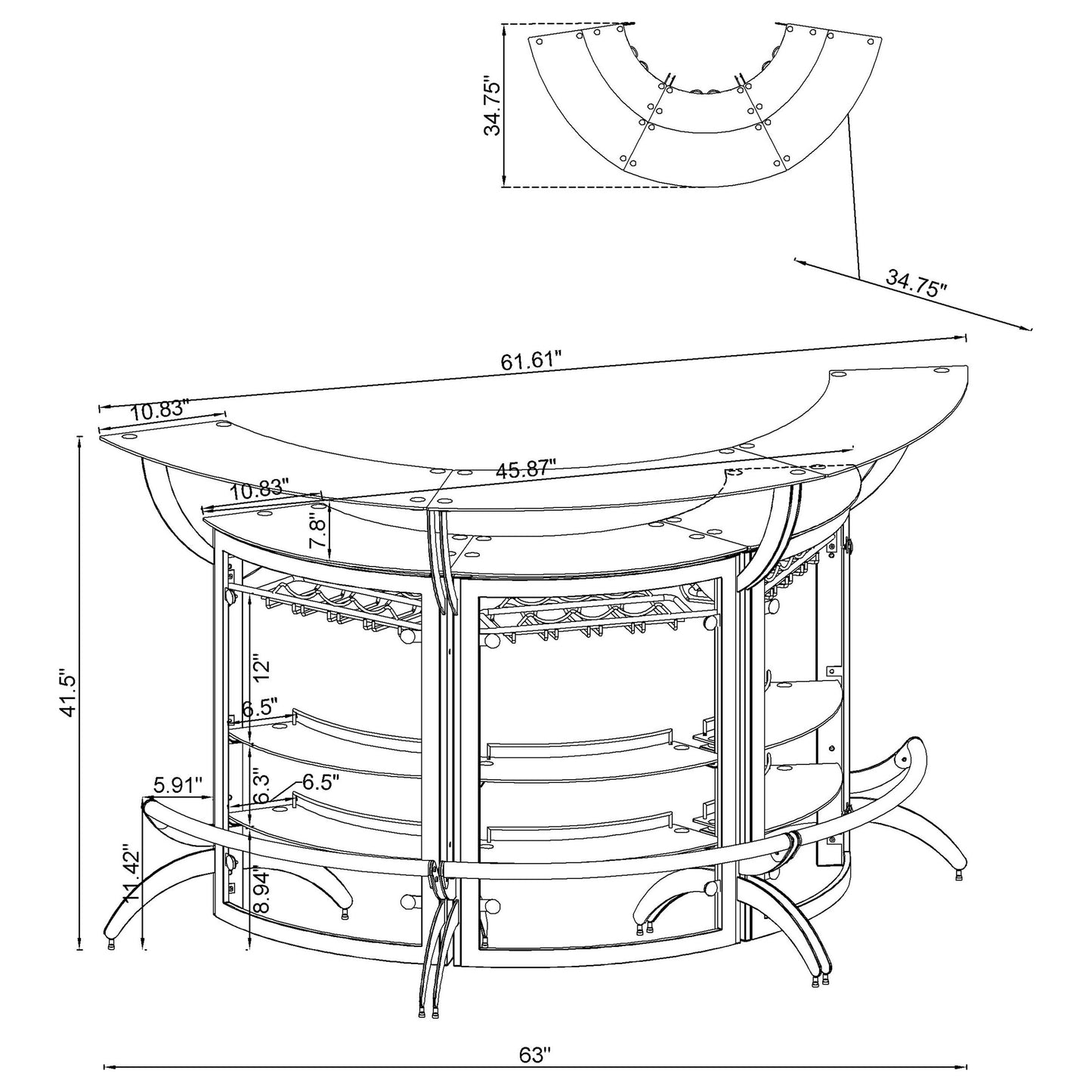 Dallas 3-piece Curved Freestanding Home Bar Cabinet Silver