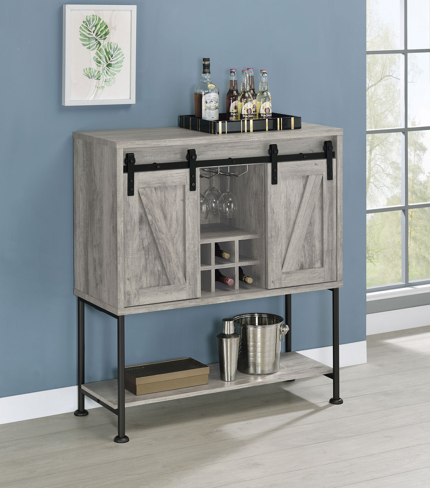 Claremont Sliding Door Home Bar Wine Cabinet Grey Driftwood