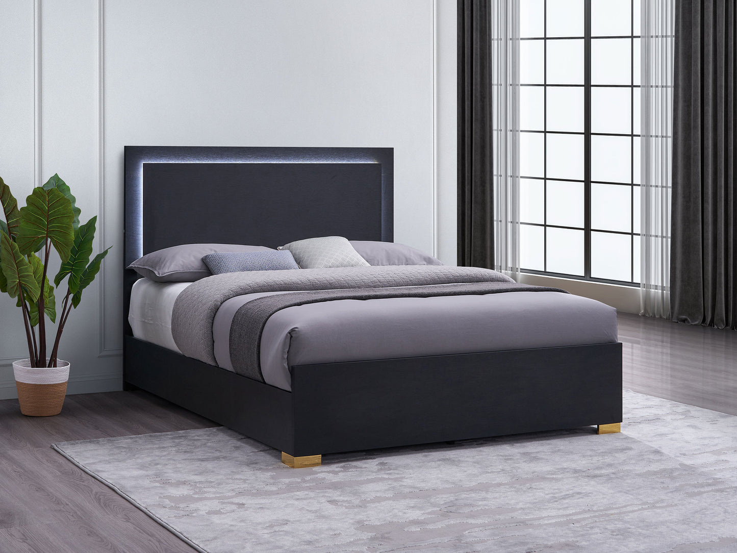 Marceline Wood Queen LED Panel Bed Black