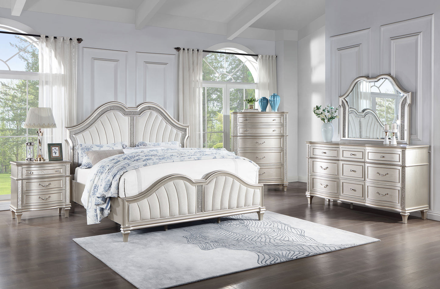 Evangeline Wood Queen LED Panel Bed Silver Oak