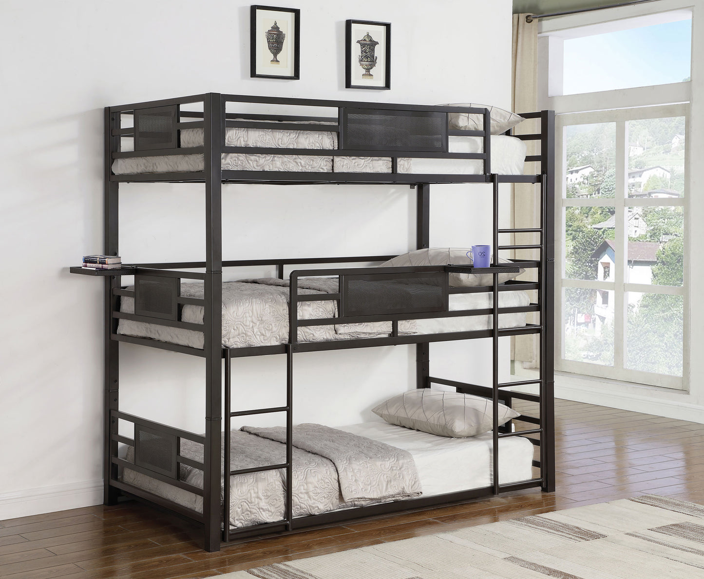 Rogen Metal Twin Triple Bunk Bed Dark Bronze