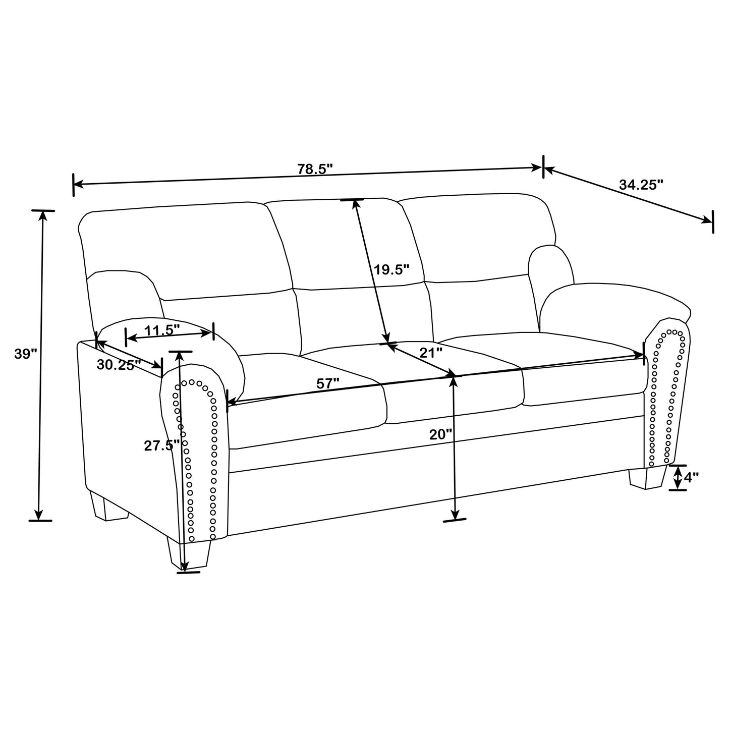 Clementine Upholstered Padded Arm Sofa Brown