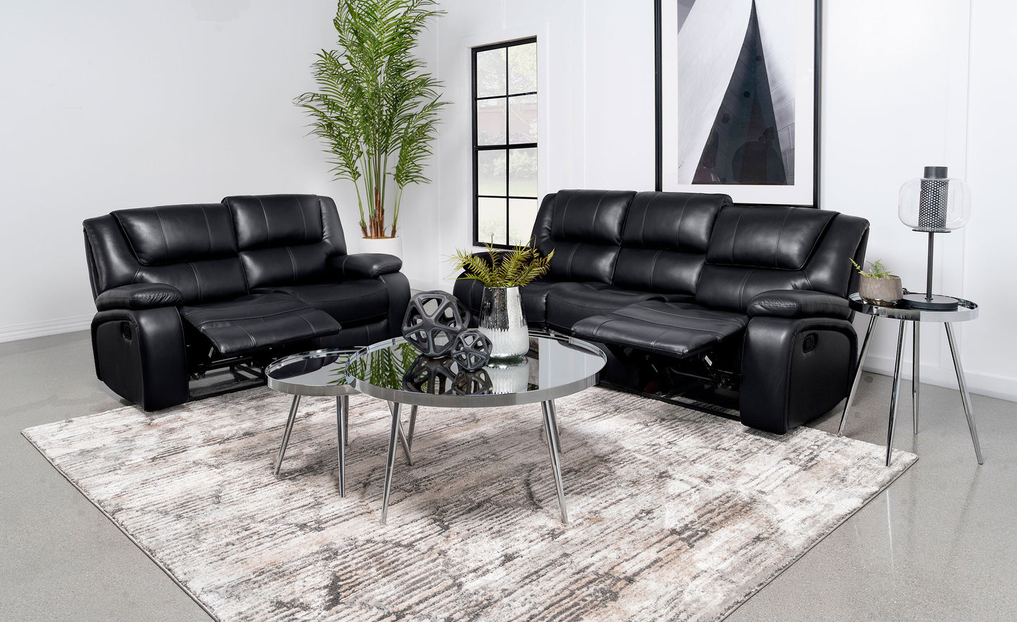 Camila 2-piece Upholstered Motion Reclining Sofa Set Black