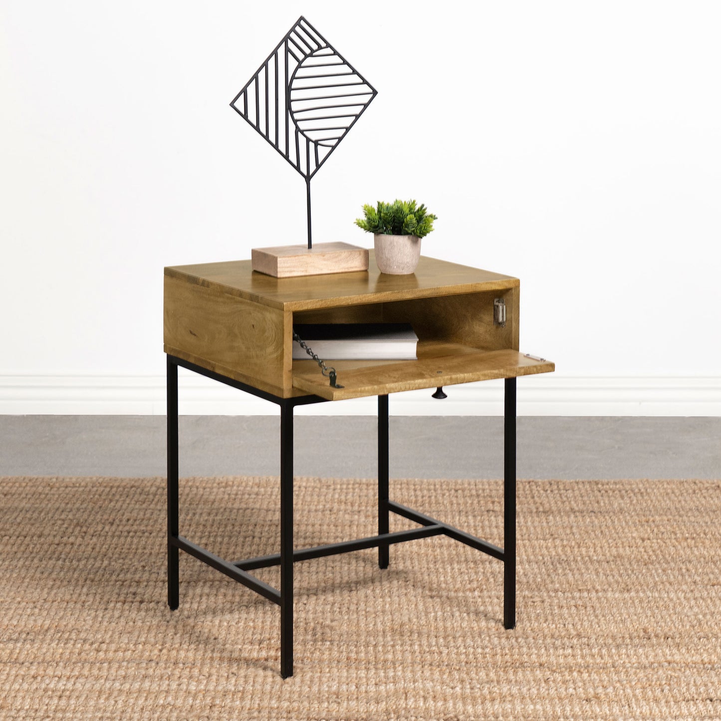 Stephie Rectangular Side End Table with Storage Honey Brown