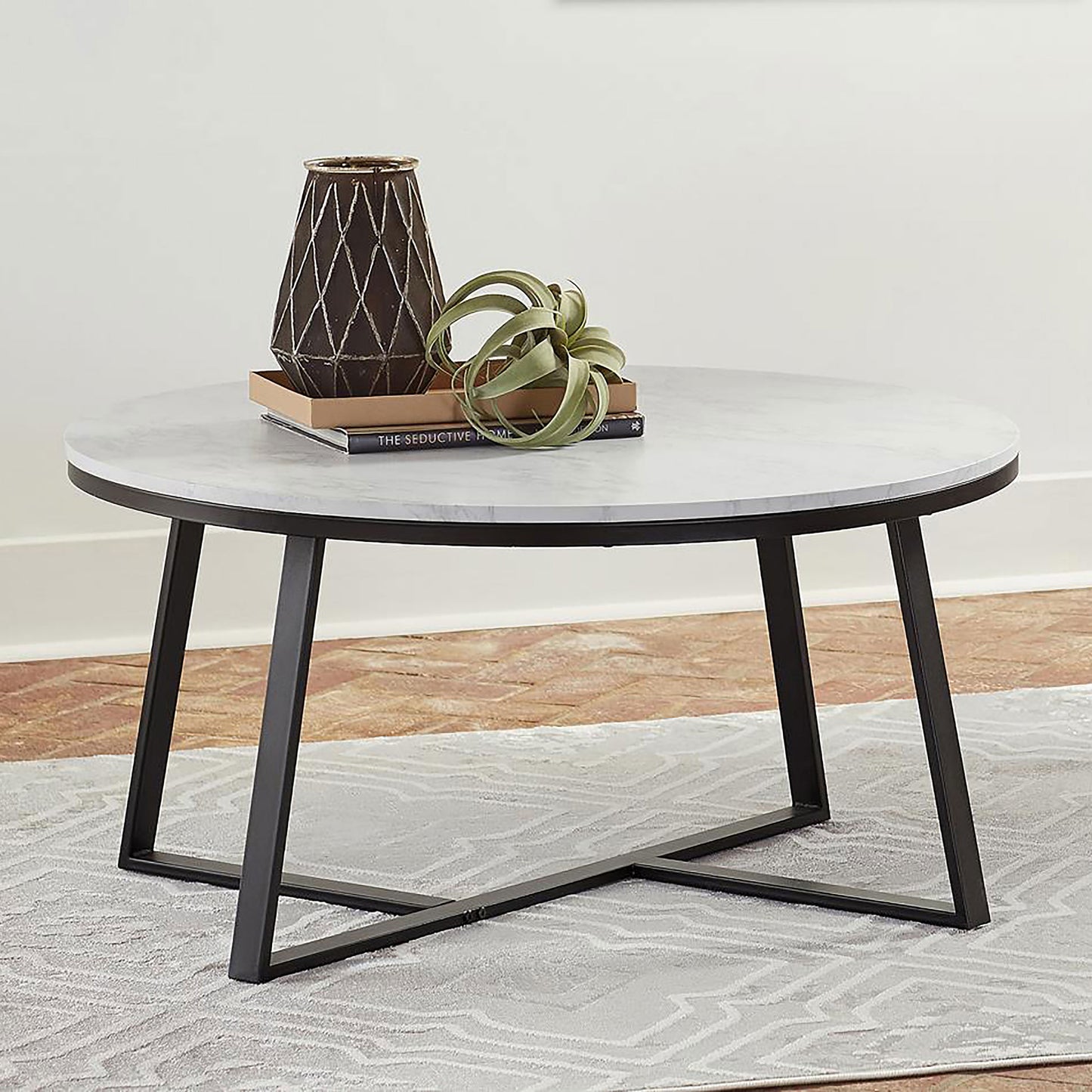 Hugo Round Faux Marble Coffee Table White and Matte Black