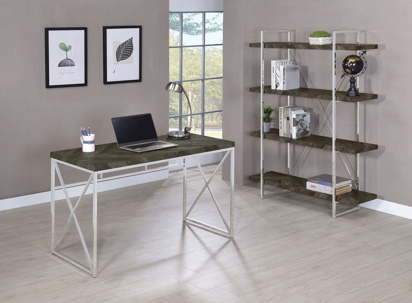 Grimma 47-inch Writing Office Desk Rustic Grey and Chrome