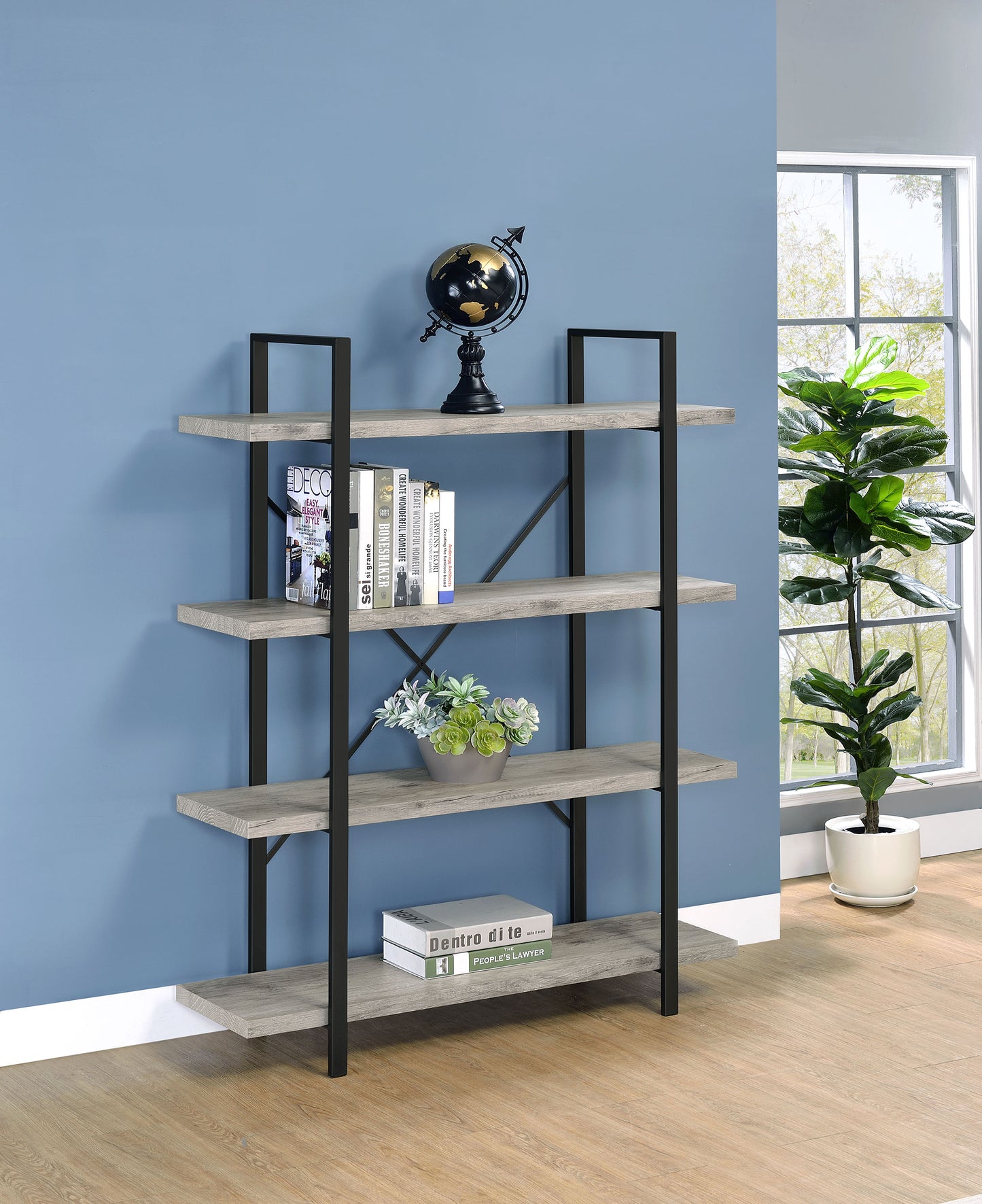 Cole 55-inch 4-shelf Bookshelf Grey Driftwood and Gunmetal