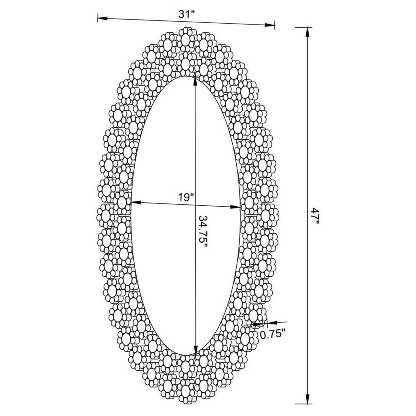 Colleen 31 x 47 Inch Oval Wall Mirror Crystal Flowers Silver