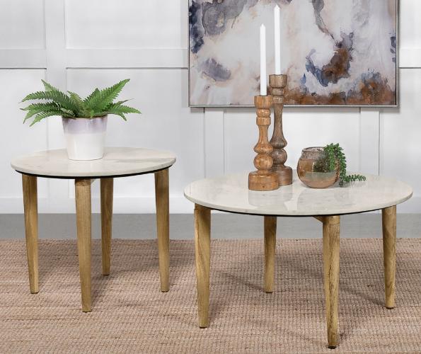 Aldis Round Marble Top Side End Table White and Natural