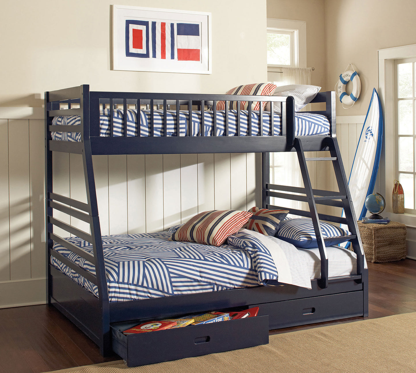 Ashton 2-drawer Wood Twin Over Full Bunk Bed Navy Blue