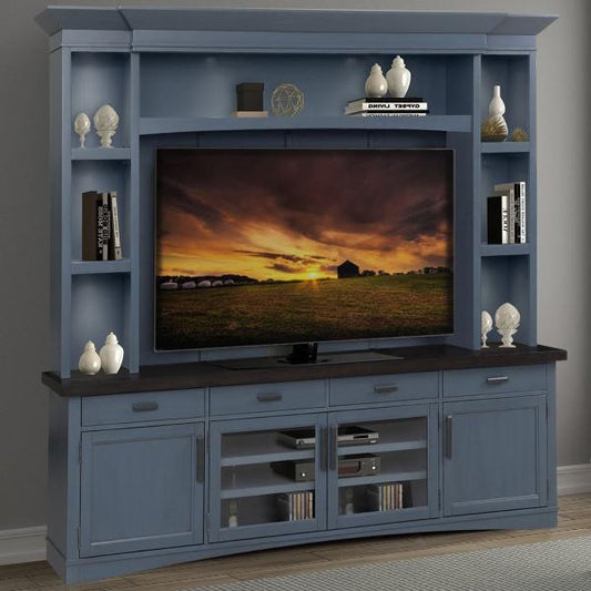 AMERICANA MODERN - DENIM 92 IN. TV CONSOLE WITH HUTCH, BACKPANEL AND LED LIGHTS