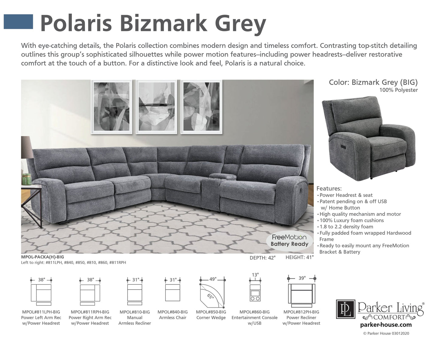 POLARIS - BIZMARK GREY POWER RECLINER