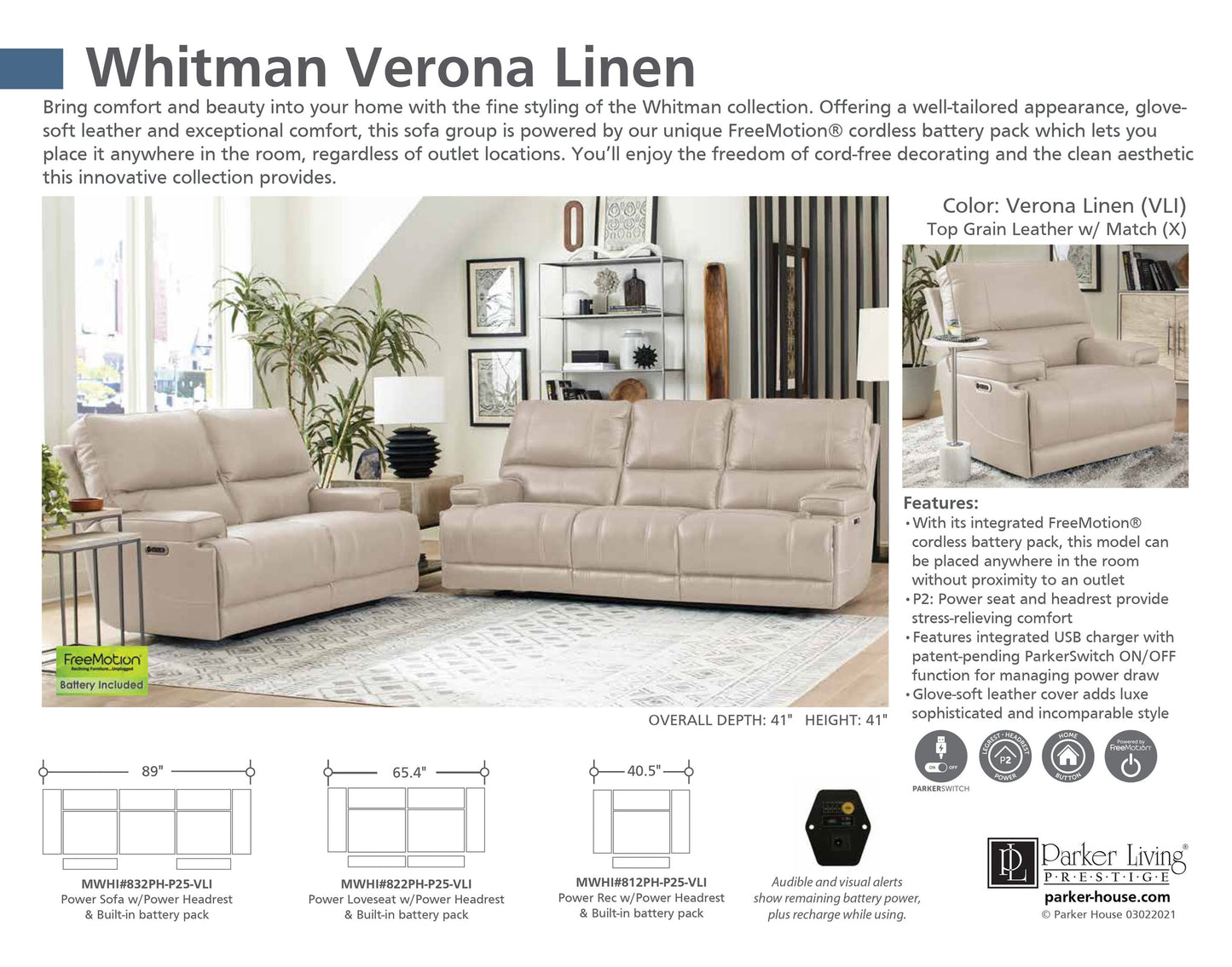 WHITMAN - VERONA LINEN - POWERED BY FREEMOTION POWER CORDLESS RECLINER