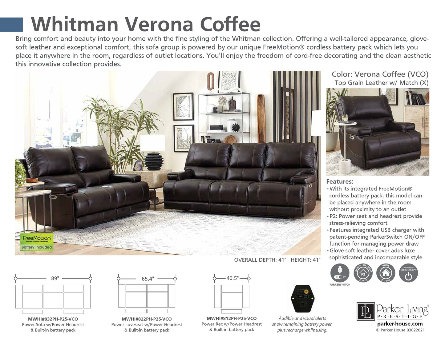 WHITMAN - VERONA COFFEE - POWERED BY FREEMOTION POWER CORDLESS LOVESEAT