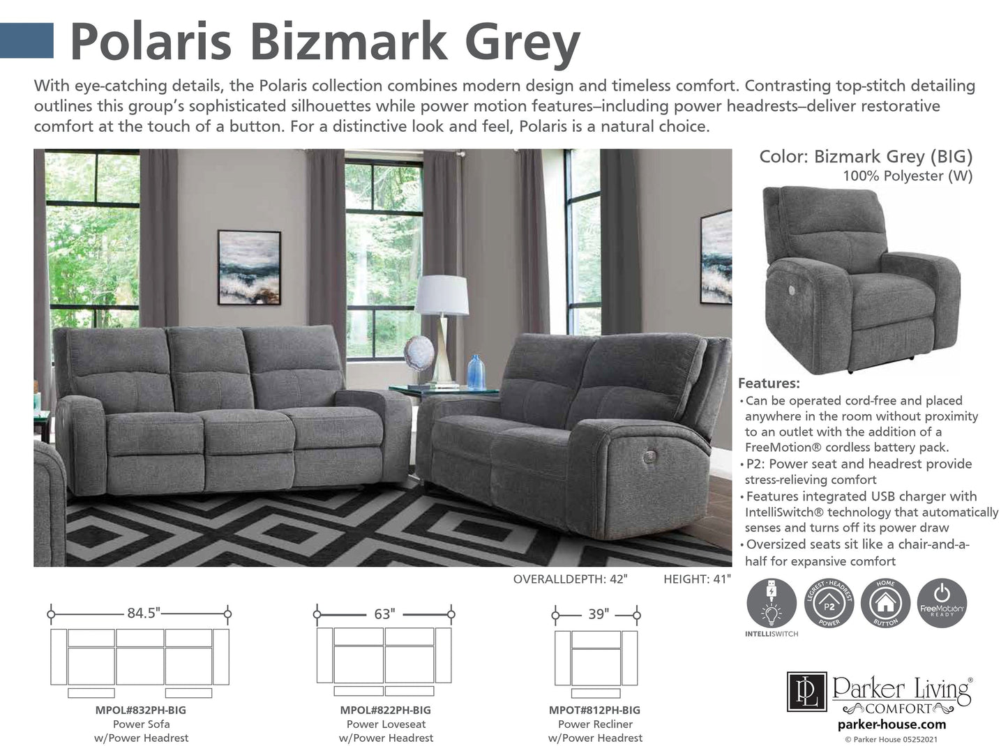 POLARIS - BIZMARK GREY POWER SOFA