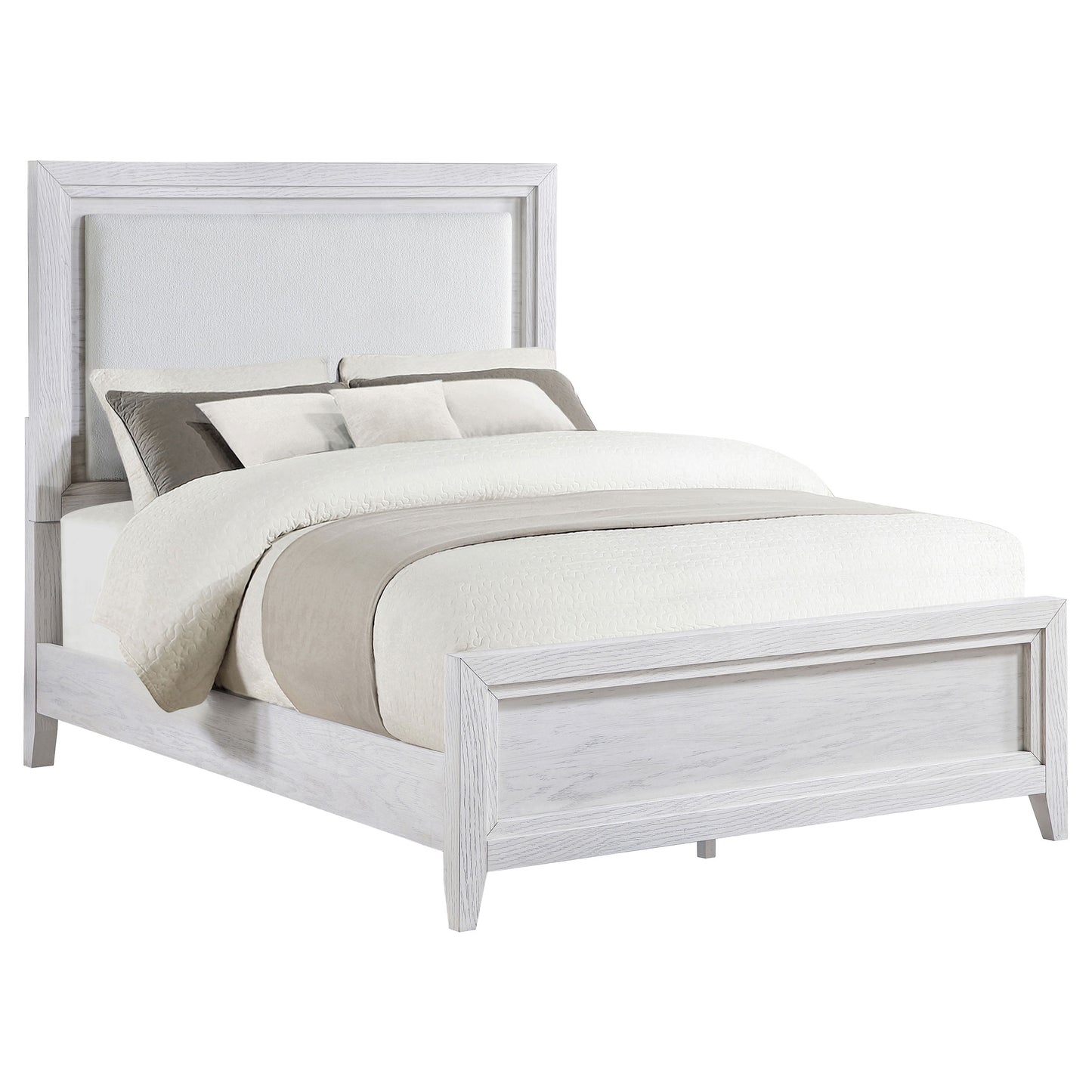 Marielle Eastern King Upholstered Panel Bed Distressed White