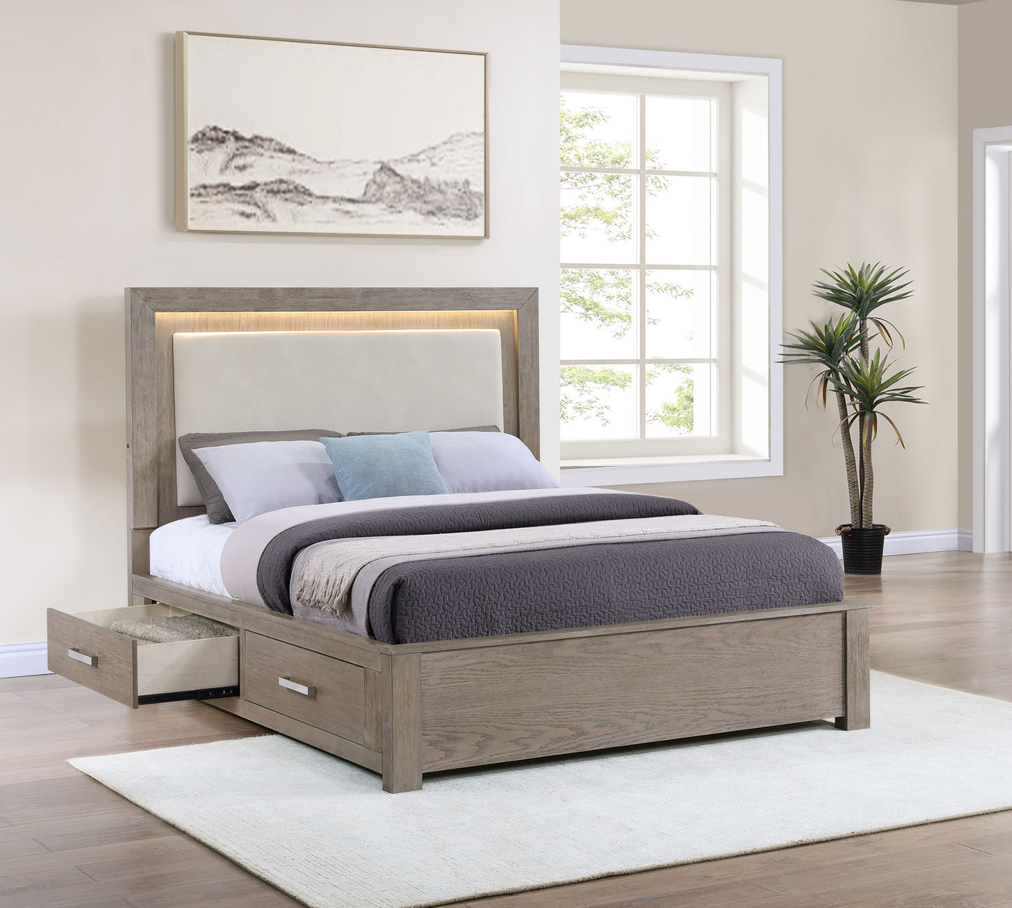 Kenora 56-inch Eastern King LED Storage Bed Barley Brown