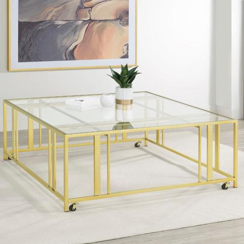 Adri Square Glass Top Coffee Table with Casters Matte Brass