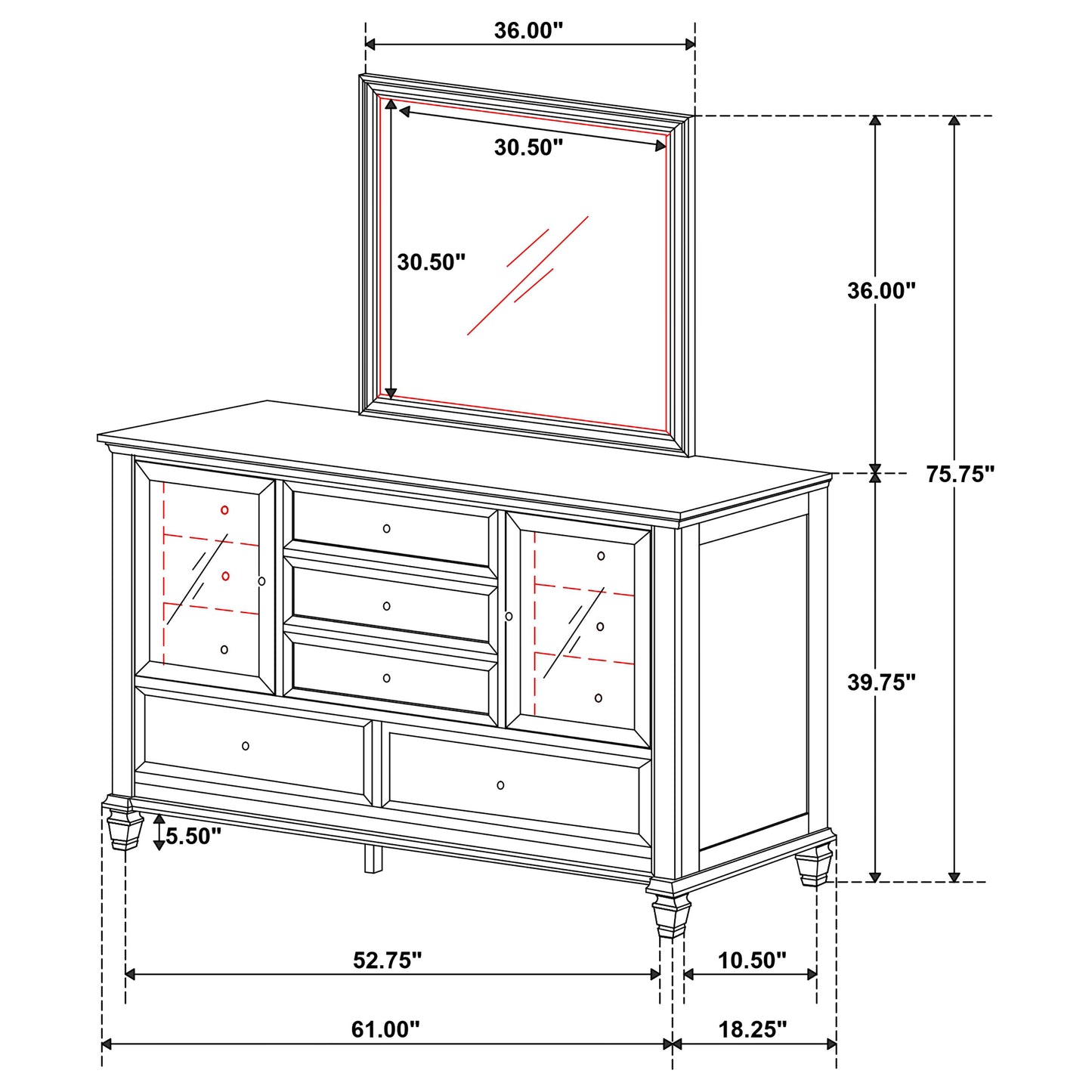 Sandy Beach 11-drawer Dresser with Mirror Cream White