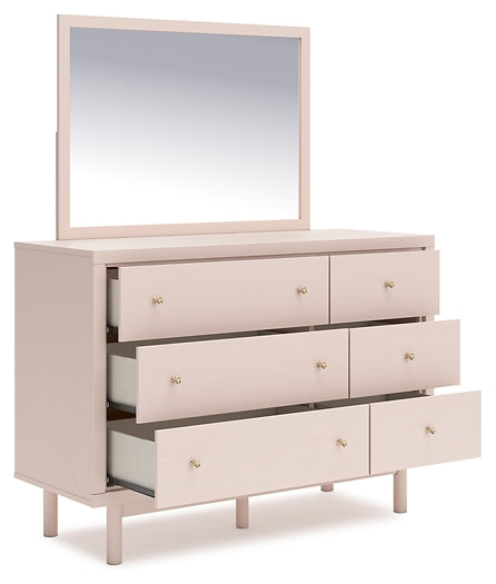 Wistenpine Full Upholstered Panel Headboard with Mirrored Dresser and Nightstand