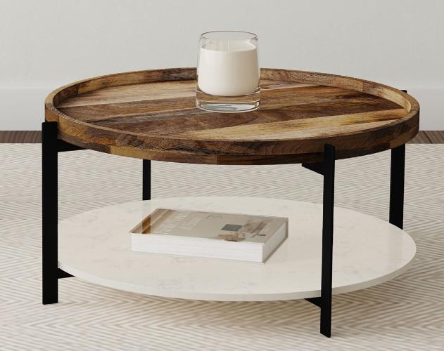 Adhvik Round Wood Top Marble Shelf Coffee Table Natural