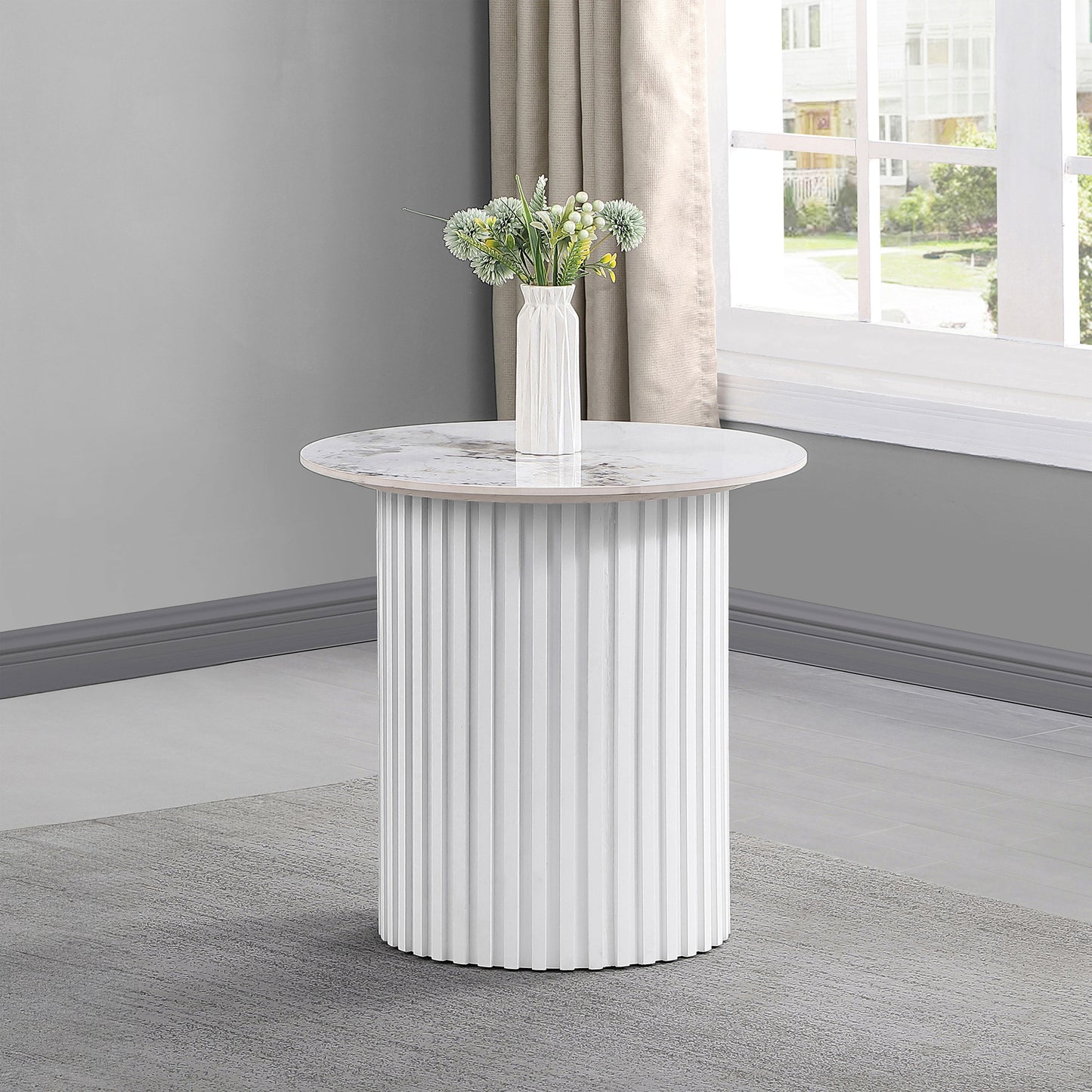 Rowena Round Sintered Stone End Table White Faux Marble