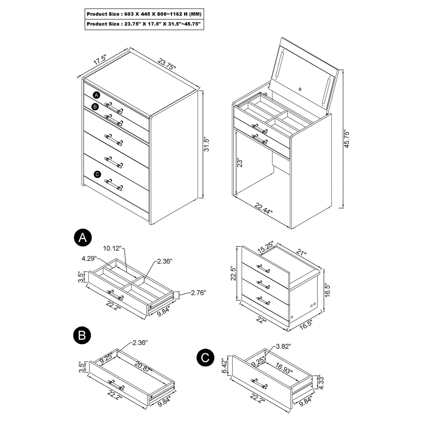 Danbury 3-drawer Makeup Vanity & Stool Set Grey High Gloss