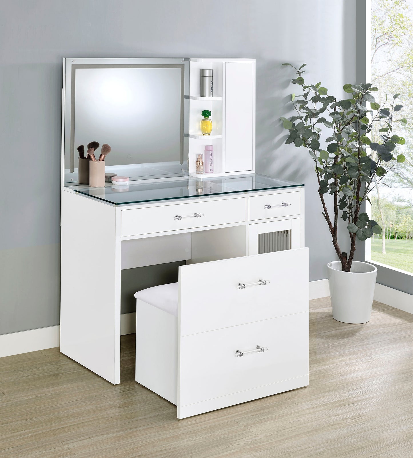 Flora 2-drawer Vanity Table Set LED Mirror and Stool White High Gloss