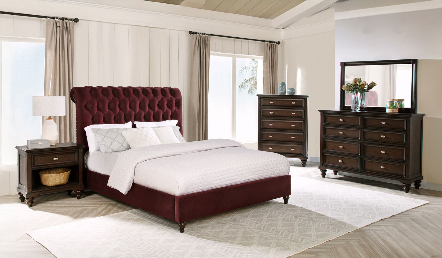 Devon 5-piece Eastern King Bedroom Set Wine Red and Dark Oak